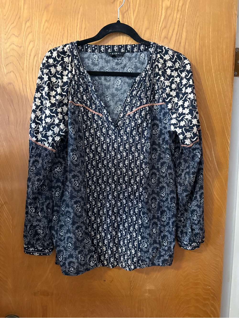 Tribal Boho Floral Mixed-Print V-Neck Women's Top - Navy L - Picture 2 of 11